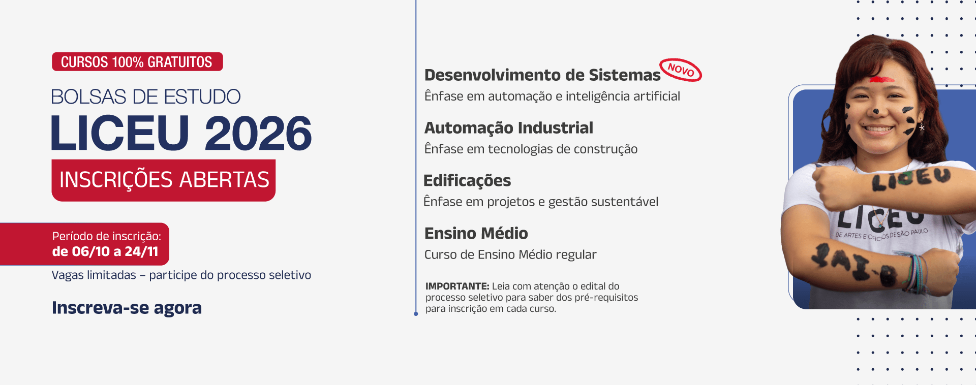 Bolsas de estudo Liceu 2026, inscrições abertas!